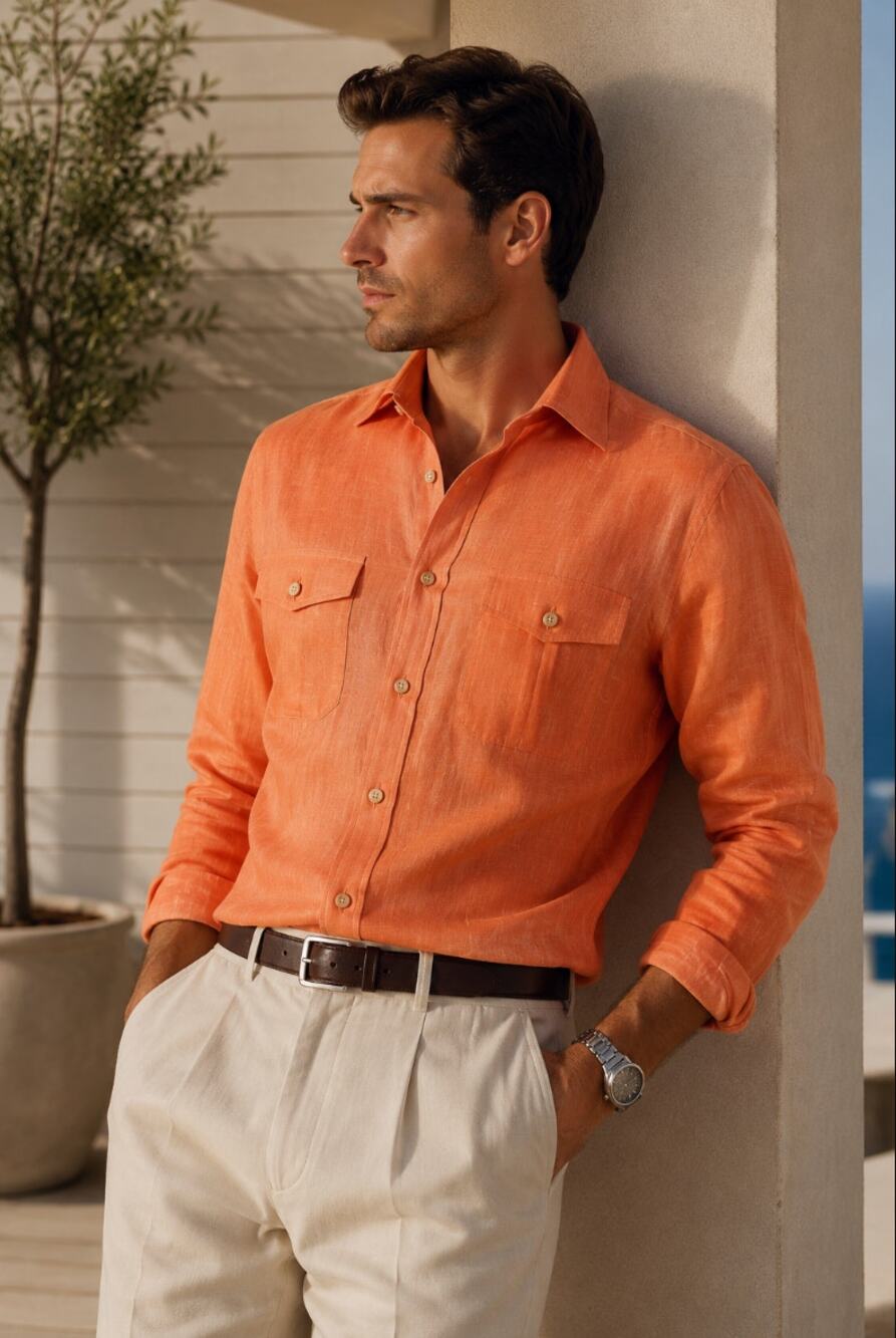 Paul Frederick Men’s Non-Iron Linen Solid Dress Shirt With Contrast Trim Orange